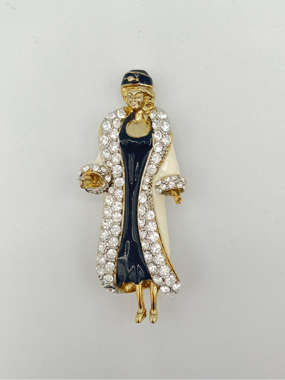 Art Deco Revival Rhinestone & Enamel Figural Lady Brooch